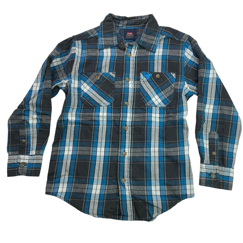 Wrangler Blue Grey Plaid Button Down Shirt Boys Size 8 BSB0074